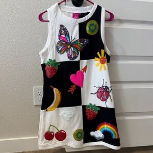 QUEEN OF SPARKLES Black & White Patchwork Sequin Tank Dress with Colorful Motifs